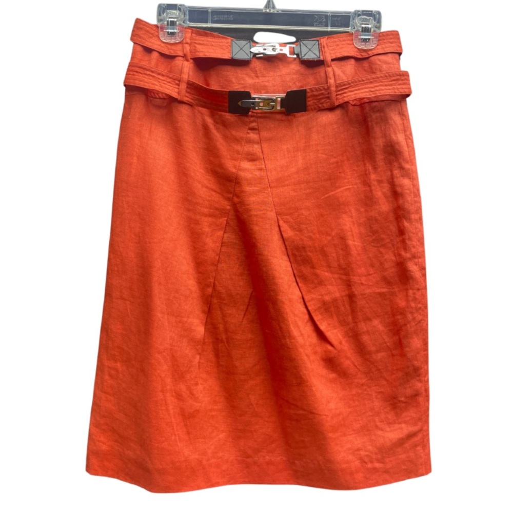 Linea Domani Orange Linen Double Belt Skirt A-Line Sz 4